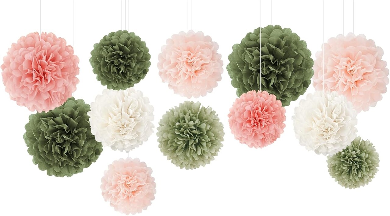 Bridal Shower Decorations, 12 PCS Pink Moss Sage Green Tissue Paper Pom Poms Paper Flowers for Boho Neutral Baby Shower Wedding Engagement Birthday Spring Summer Party Decorations